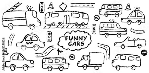 Funny cars set. Charming vector drawing of vehicles including tram, taxi, police car, ambulance, fire truck, and convertible. Wax pastel and charcoal texture create a fun school or kindergarten vibe.