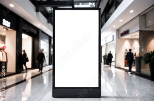 A mock-up of an advertising banner with a white blank screen in a shopping mall against a blurry background of people walking. a place for advertising. empty space for text. supermarket billboard