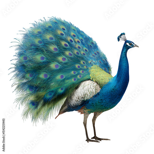 A majestic peacock standing tall with its full tail fanned out, showcasing vibrant iridescent blue and green feathers. 