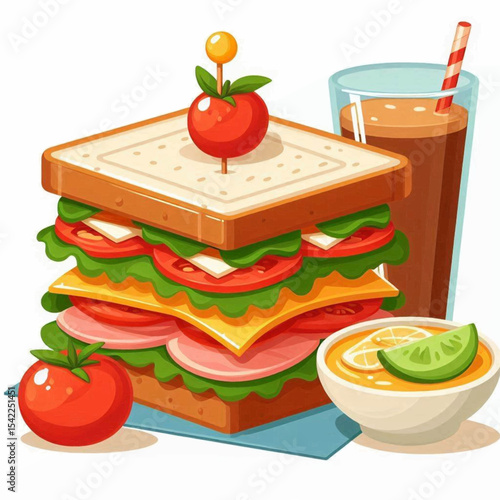 Sandwich beverage  soup depicted in vibrant cartoon style against white background