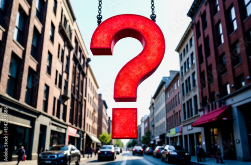 A question mark hovers in the air above the road. a symbol of puzzlement and solutions to the problems of urban industry development
