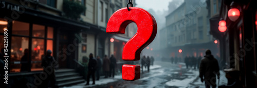 The question mark banner is floating in the air. a symbol of puzzlement and solutions to the problems of urban industry development