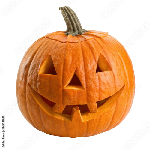 Brightly carved pumpkin with smiling face isolated on white background for Halloween celebration