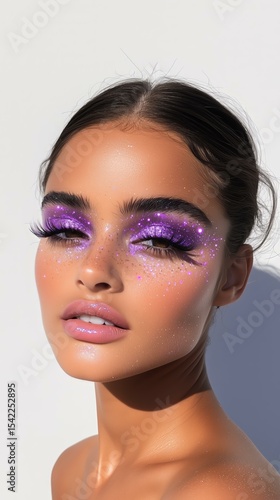 Vibrant purple glitter makeup on model with flawless radiant skin
