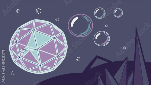 Geometric sphere with internal shape and bubbles floating above jagged terrain on a dark background scene