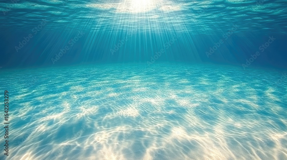 Sunlight beams through tranquil, shallow, underwater water. Sunlight beams through tranquil, shallow, underwater water.