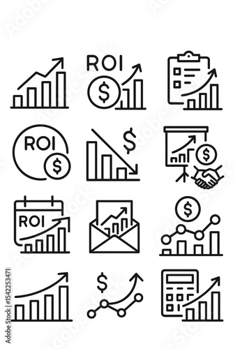 Roi growth and analysis icons set for financial presentations