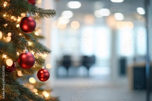 Office Christmas Tree with Red Ornaments and Bokeh Background, holiday , festive