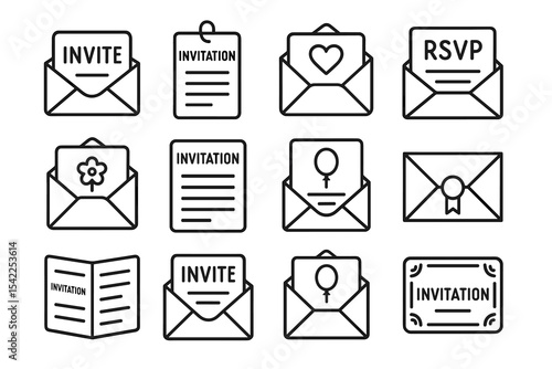 Set of invitation icons: envelopes, cards, rsvp, symbols for events and celebrations