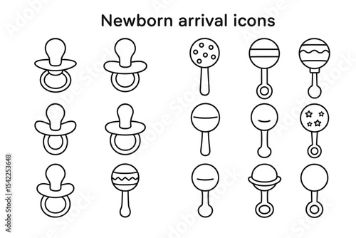 Newborn arrival icons: pacifiers and rattles in outline design
