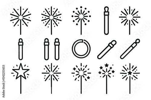 Set of firework sparkler icons with various designs and patterns