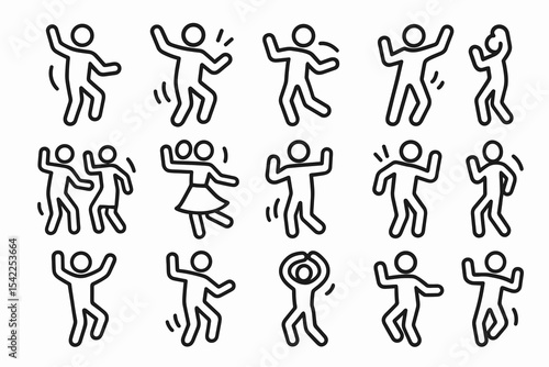 Simple line art illustrations of dancing figures in various joyful poses