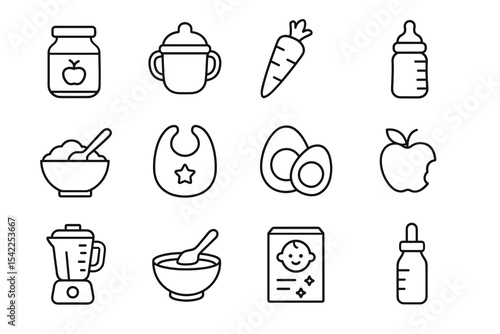 Baby food icons: jars, bottles, carrots, blender, bowls, eggs, apple, bib