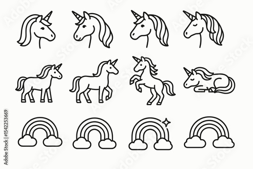 Cute unicorn and rainbow outline icons set in various poses