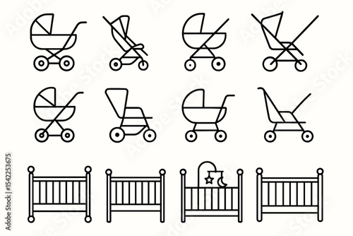 Icon set of baby strollers and cribs in minimalist black and white line art