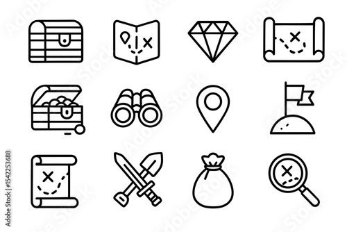 Treasure hunt icons: maps, binoculars, chest, diamond, compass, sword, flag