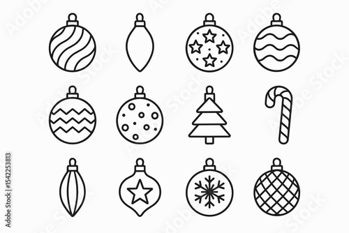 Outline of various christmas ornaments and candy cane in black and white