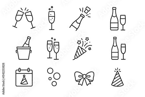 Celebration icons: clinking glasses, champagne bottles, party decorations