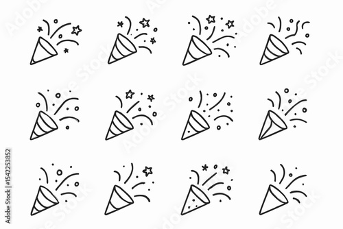 Celebratory party popper icons with stars and confetti