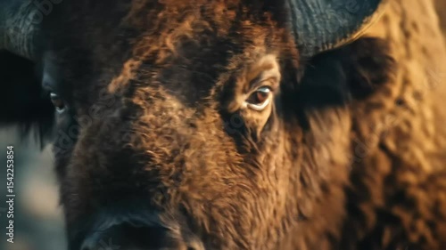 Wallpaper Mural A close-up of a bison’s face showing its eyes, fur texture, and horns in dramatic lighting. Torontodigital.ca