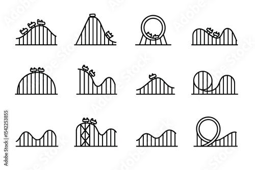 Collection of minimalist roller coaster design elements in line art style