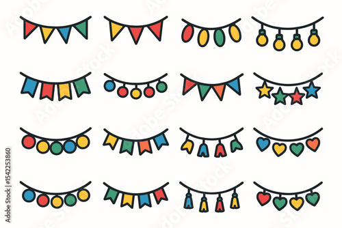 Colorful string lights and banners collection in various shapes and designs