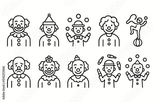 Playful clown icon set with juggling and circus acts