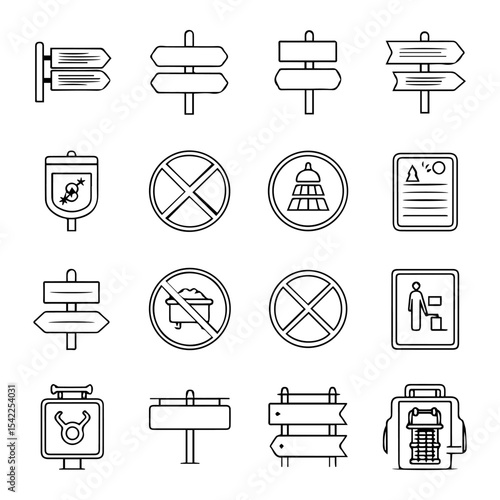 Sixteen line art icons signs astrology prohibition symbols trash disposal a fax machine and a vacuum cleaner