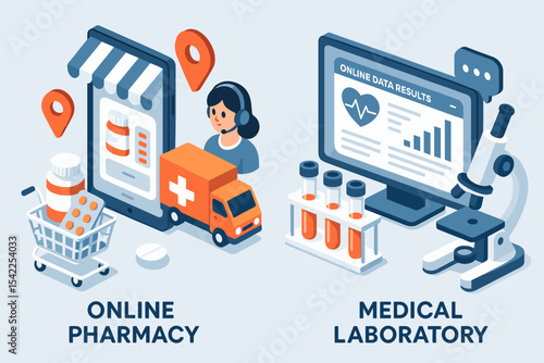 Isometric illustration of online pharmacy and medical laboratory services concept