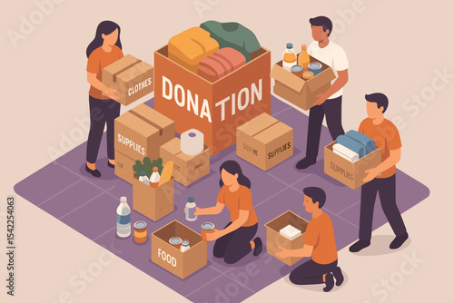 Diverse group organizing donations of clothes and food in boxes