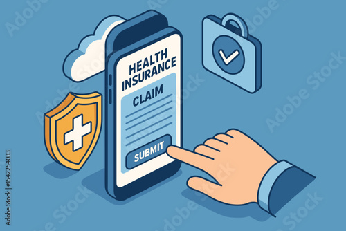 Online health insurance claim illustration with shield and smartphone interface