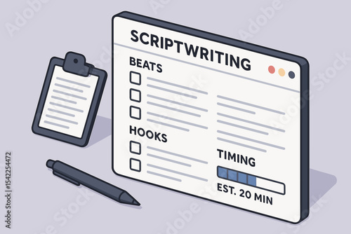 Scriptwriting planning with timing and checklist illustration
