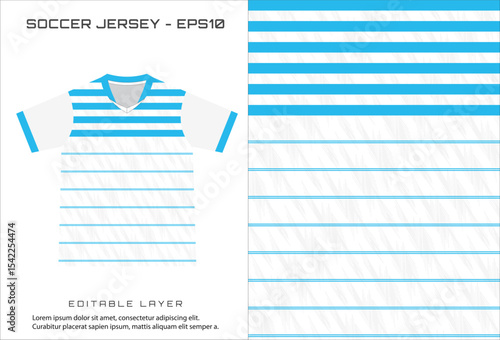 Soccer jersey design template with blue stripes and editable layer info