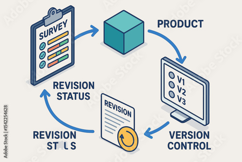 Product revision and version control cycle diagram with survey integration