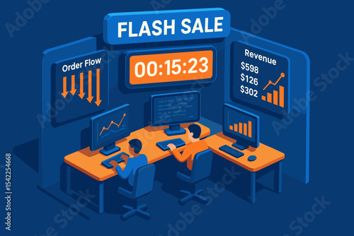 Two men monitoring live flash sale analytics in a digital control room
