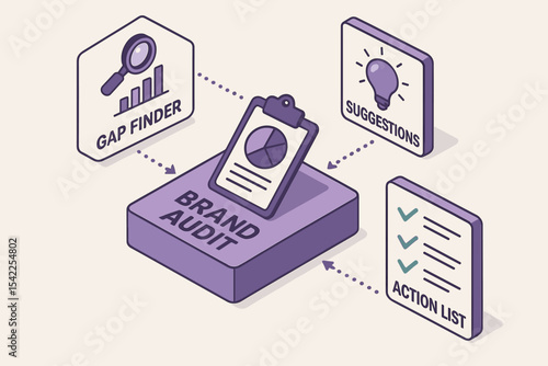 Brand audit process diagram: gap finder, suggestions, action list
