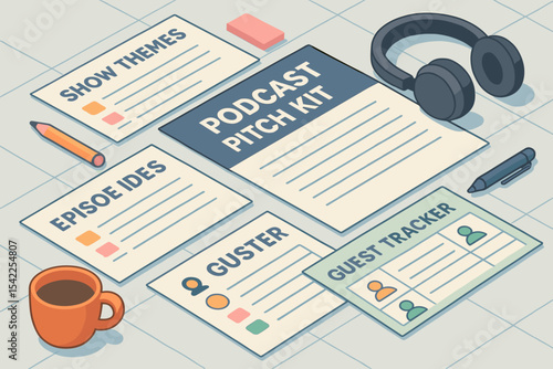 Podcast pitch kit with show themes, episode ideas, guest tracker, headphones, and coffee cup