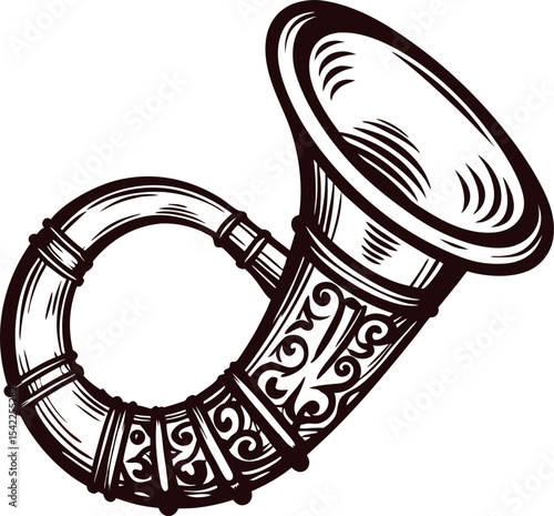 Vintage hand drawn engraved illustration of a decorative hunting horn with ornate details on white background