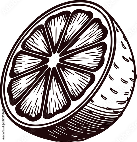 Engraved vintage illustration of citrus fruit half with detailed pulp and textured rind isolated on white background