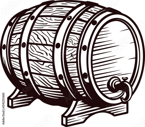Vintage engraved illustration of a wooden barrel with tap on stand for storage or aging liquids