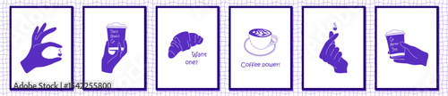  Set of minimalist monochrome posters with coffee, croissant, hands holding takeaway cups. Concept for coffee shop, bakery. Modern wall art prints for coffee lovers. Vector illustrations.
