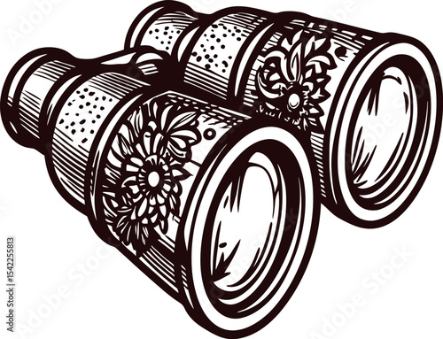 Hand drawn vintage binoculars with floral pattern engraved sketch optical instrument illustration