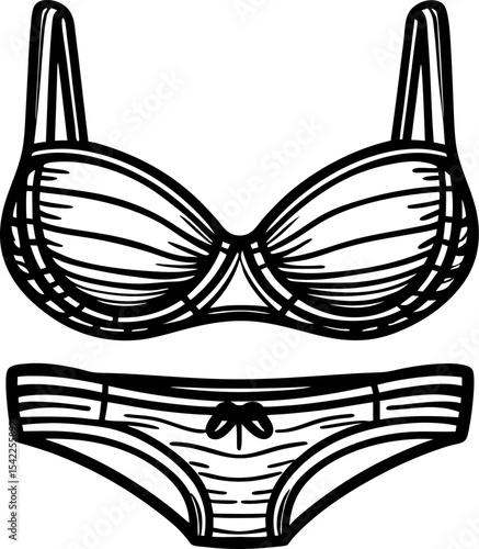 Hand drawn bikini set black and white outline illustration of women's bra and panties with simple sketch details