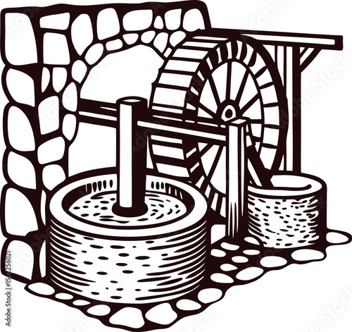 Hand drawn vintage water mill illustration with stone wheel and wooden structure isolated on white