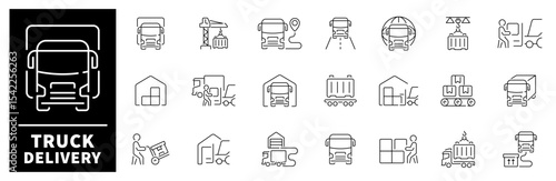 Set of outline icons related to delivery and logistics. Truck delivery linear vector icons. Delivery service, shipping, logistics, transportation, cargo, truck vector Icons set