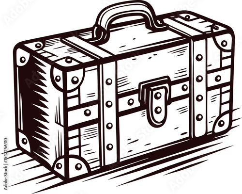 Hand drawn vintage wooden chest with metal hinges and lock in engraved illustration