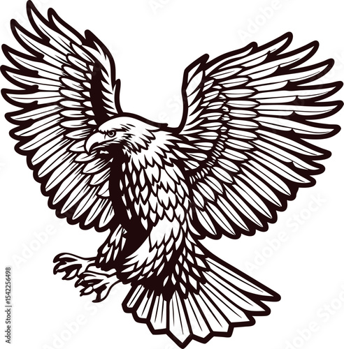 Majestic eagle with outstretched wings detailed black and white illustration in traditional engraved vintage