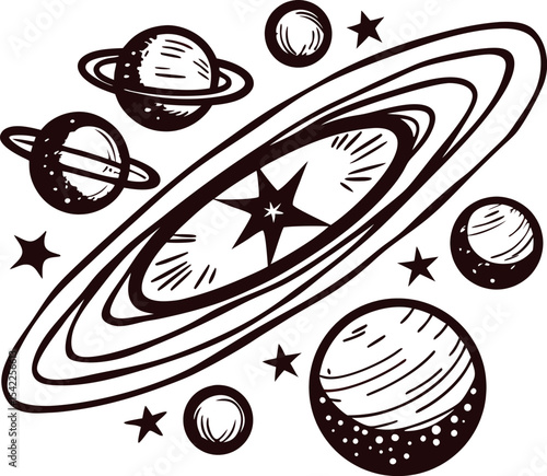 Celestial design featuring planets and stars in artistic black and white
