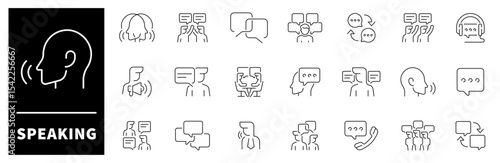 Speaking icon set. Thin line icons set related to speak and talk. Communication related icons. Speech, talk, discussion, speech bubble, dialog vecor icons