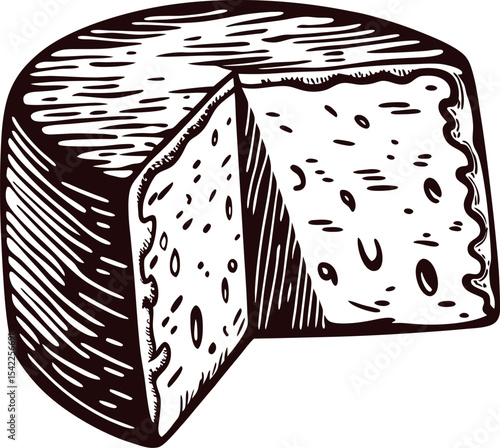 Hand drawn vintage round cheese wheel with wedge cut out monochrome engraved illustration, rustic dairy food concept